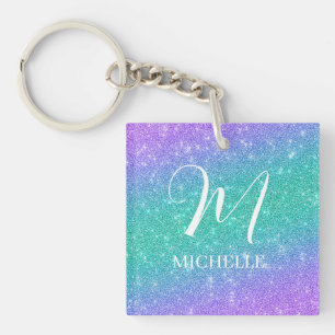Lila und grüner falscher Glitter-Name und Initiale Schlüsselanhänger