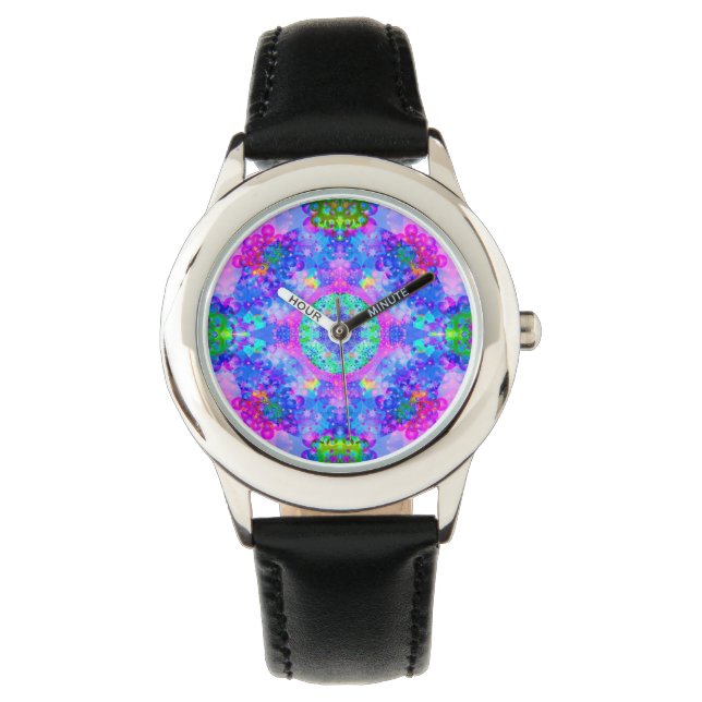 Lila und grünes Kaleidoskop Fraktal Art Armbanduhr (Vorderseite)