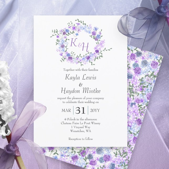 Lila und hellblaue Rose Hochzeitskranz Einladung (Purple, light blue, lavender rose wreath botanical rose garden wedding invitations, round roses vine)
