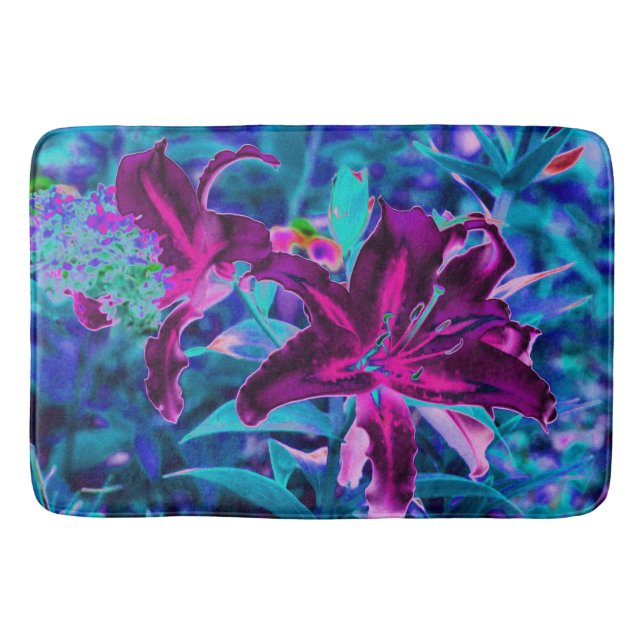 Lila und Hot Pink Abstrakte Orientalische Lilien B Badematte (Vorderseite)