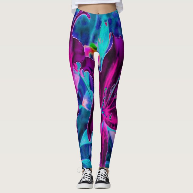 Lila und Hot Pink Abstrakte Orientalische Lilien B Leggings (Vorderseite)
