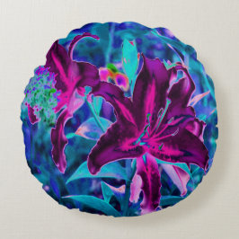 Lila und Hot Pink Abstrakte Orientalische Lilien B Rundes Kissen