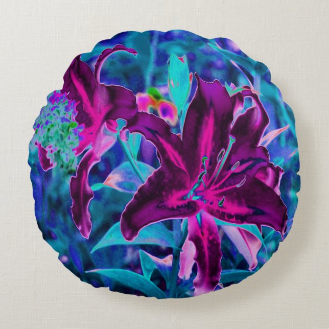 Lila und Hot Pink Abstrakte Orientalische Lilien B Rundes Kissen (Vorderseite)