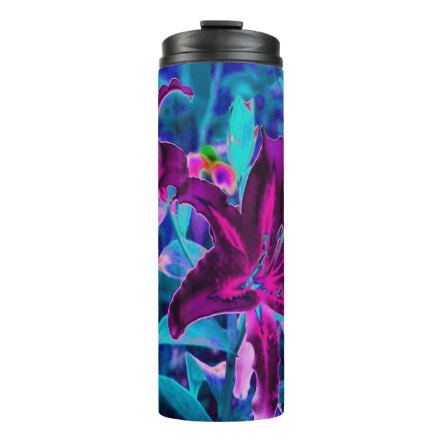 Lila und Hot Pink Abstrakte Orientalische Lilien B Thermosbecher (Vorderseite)