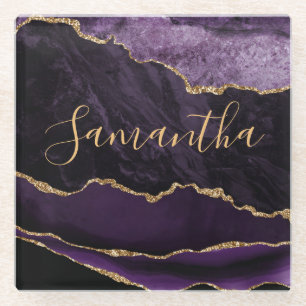 Lila und Imitate Gold Glitzer Marmormatte Glasuntersetzer