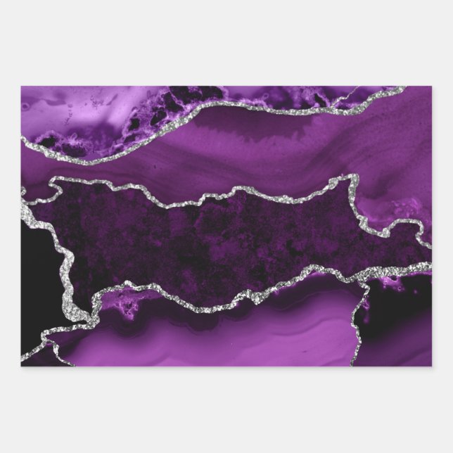 Lila und Imitate Silver Glitzer Marmor Agate Geschenkpapier Set (Vorderseite)