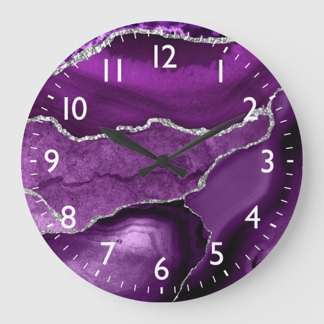 Lila und Imitate Silver Glitzer Marmor Agate Große Wanduhr (Vorderseite)