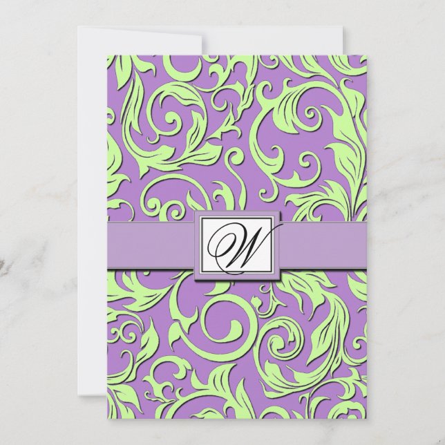 Lila und Lime Green Damask Hochzeiten Einladung (Vorderseite)