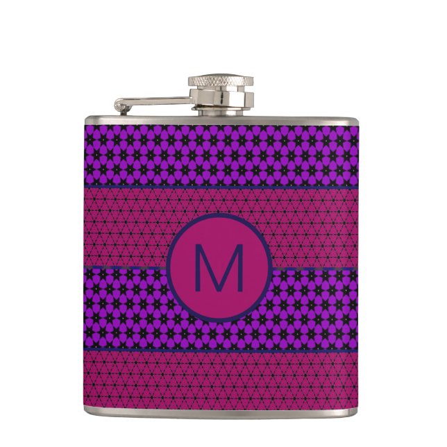 Lila und Magenta Muster gestreifte Monogramm Flachmann (Vorderseite)