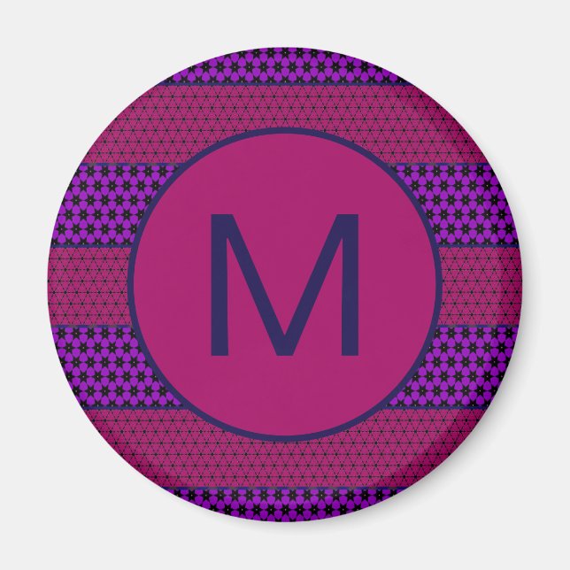 Lila und Magenta Muster gestreifte Monogramm Magnet (Vorne)
