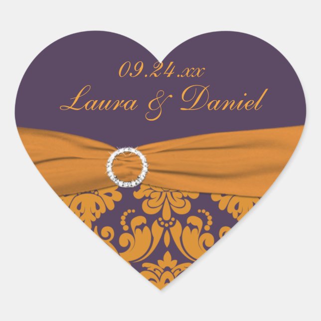 Lila und Mandarine Damask Heart Shaped Sticker (Vorderseite)