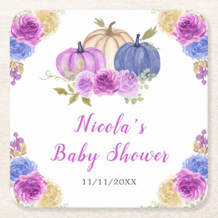Lila und Marineblaue Florale Kürbisse Baby Shower Rechteckiger Pappuntersetzer