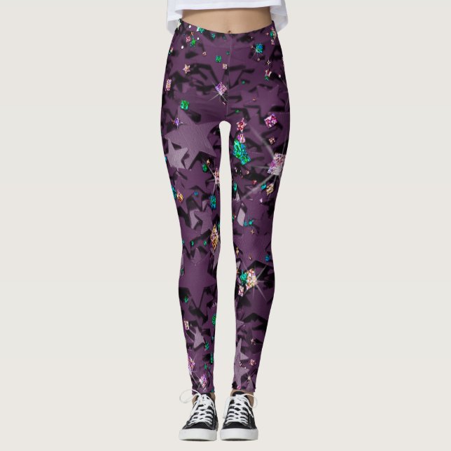 Lila und mehrfarbige Funkelnd Sterne Leggings (Vorderseite)