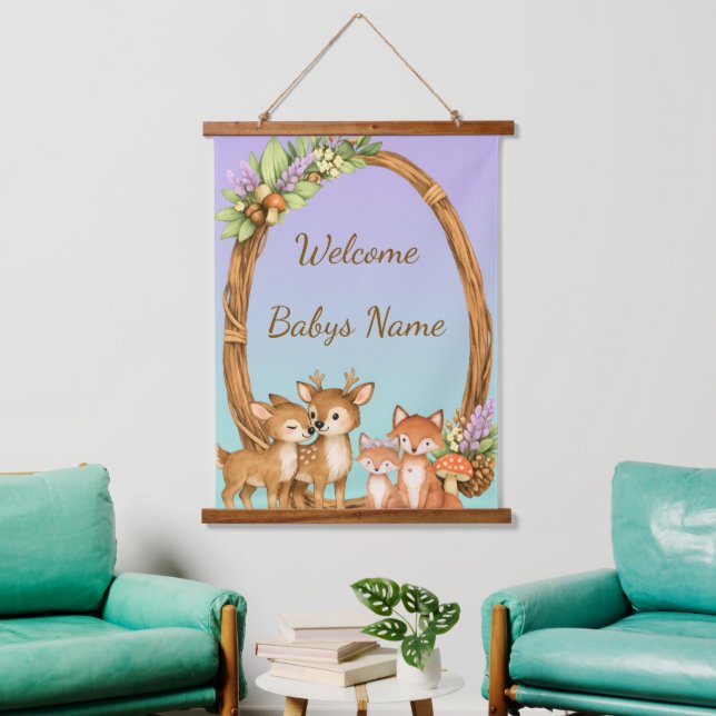 Lila und Mint Waldtiere Wandteppich Mit Holzrahmen (Wohnzimmer)