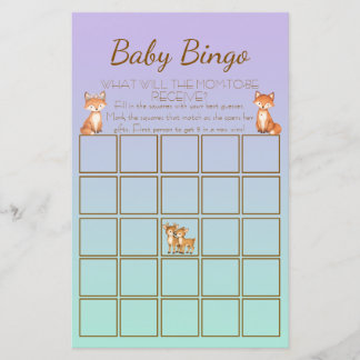 Lila und Minze Waldtier Baby Shower Bingo