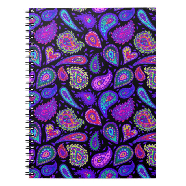 Lila und Multicolor Paisley auf Black Beautiful Notizblock (Vorderseite)