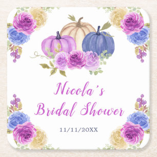Lila und navy Blue Floral Pumpkins Brautparty Rechteckiger Pappuntersetzer