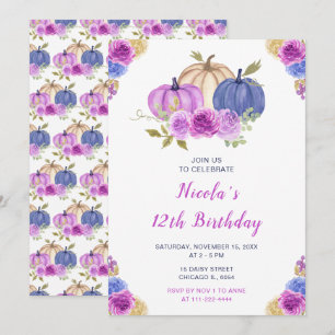 Lila und Navy Blue Floral Pumpkins Geburtstag Einladung