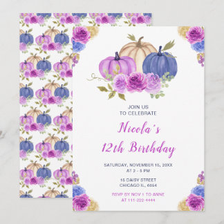 Lila und Navy Blue Floral Pumpkins Geburtstag Einladung