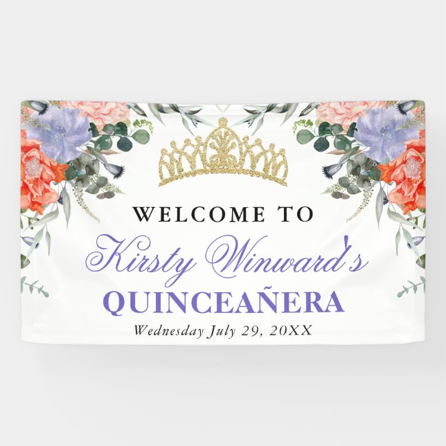 Lila und orange Blume Quinceanera Banner (Horizontal)