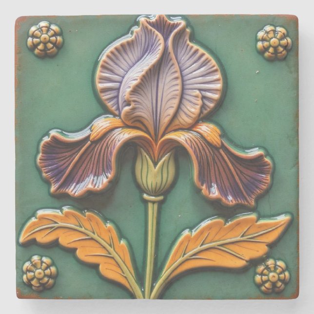 Lila und Orange Iris Steinuntersetzer (Vorderseite)