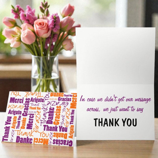 Lila und orange mehrsprachige Vorlage Vielen Dank (Orange & purple multilingual thank you typography greetin card cover and template text inside.)