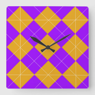 Lila und orange Raute Quadratische Wanduhr