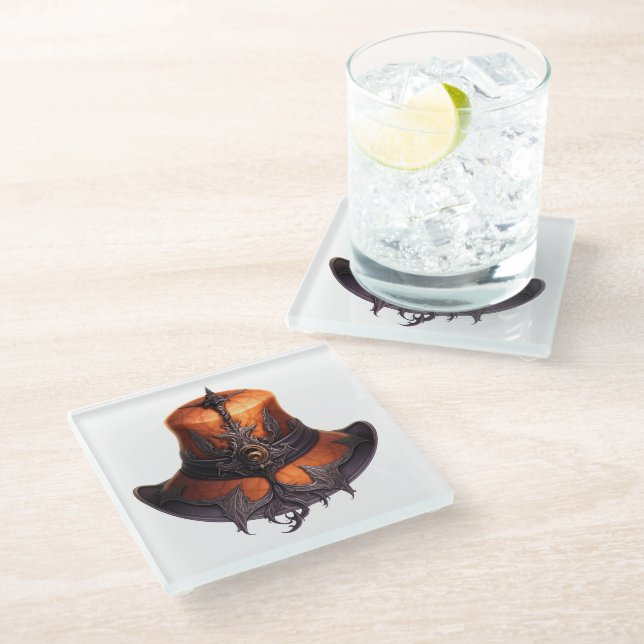 LILA UND ORANGE VIKTORIANISCH HALLOWEEN HAT GLASUNTERSETZER (Schrägansicht)