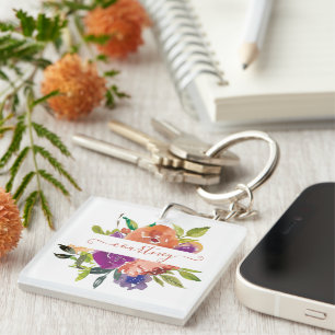 Lila und orange Wasserfarbe floral personalisiert Schlüsselanhänger