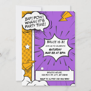 Lila und orangefarbenes Comic Einladung zum Geburt