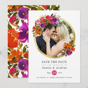 Lila und orangefarbenes HochzeitsFoto Save The Date