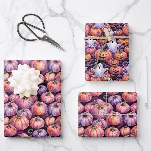 Lila und orangefarbenes Pattern Geschenkpapier Set (Vorderseite)