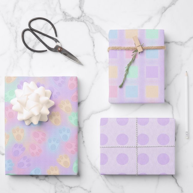 LILA- UND PASTELFARBIGE OSTERBUNNZAHLEN GESCHENKPAPIER SET (Vorderseite)