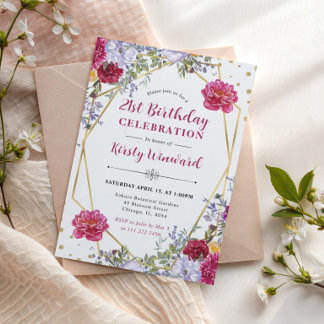 Lila und Red Summer Blume Gold Rahmen Geburtstag Einladung