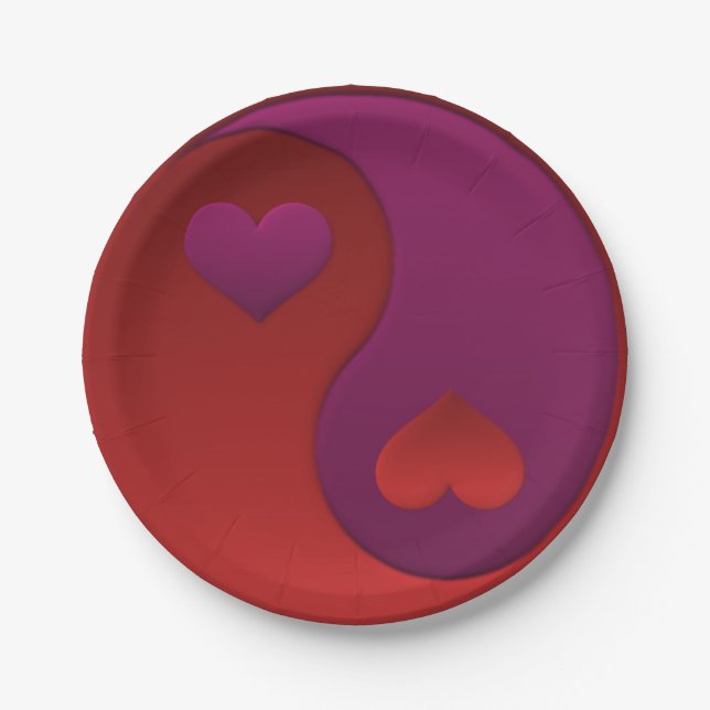 Lila und Red Yin Yang Hearts Pappteller (Vorderseite)