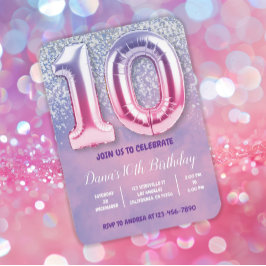 Lila und rosa 10. Geburtstagsballon Einladung