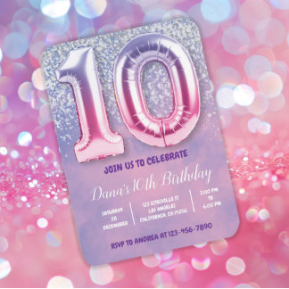 Lila und rosa 10. Geburtstagsballon Einladung