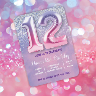 Lila und rosa 12. Geburtstagsballon Einladung