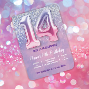 Lila und rosa 14. Geburtstagsballon Einladung