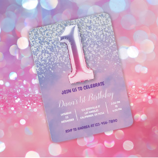 Lila und rosa 1. Geburtstagsballon Einladung