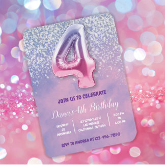 Lila und rosa 4. Geburtstagsballon Einladung
