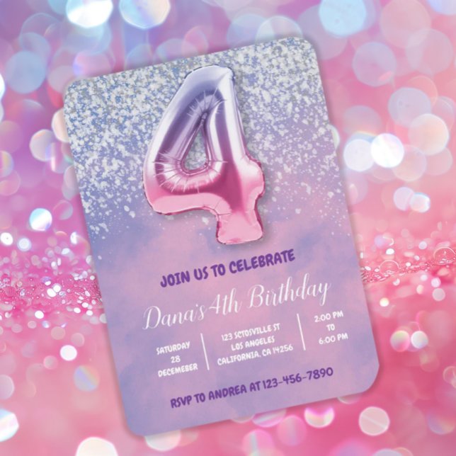 Lila und rosa 4. Geburtstagsballon Einladung (Von Creator hochgeladen)