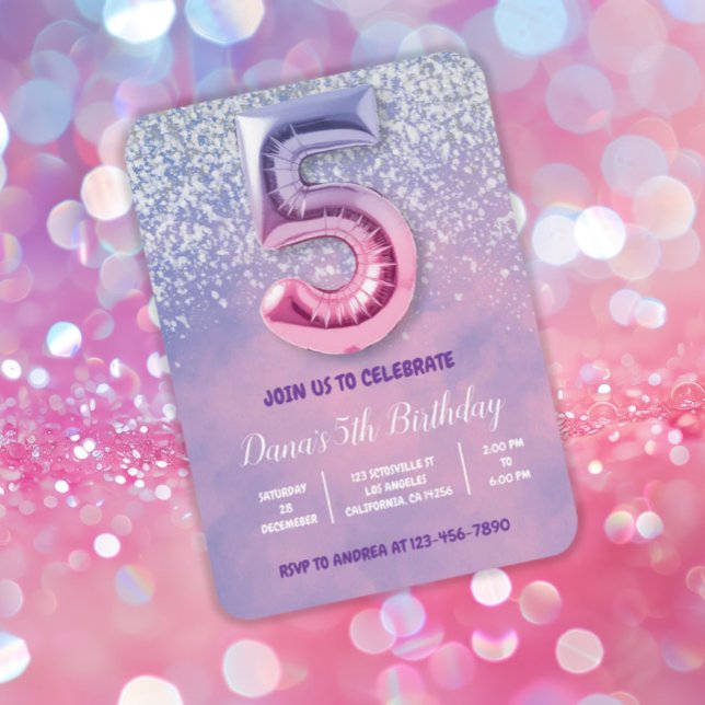 Lila und rosa 5. Geburtstagsballon Einladung (Von Creator hochgeladen)
