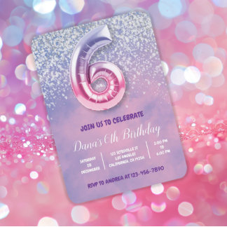 Lila und rosa 6. Geburtstagsballon Einladung