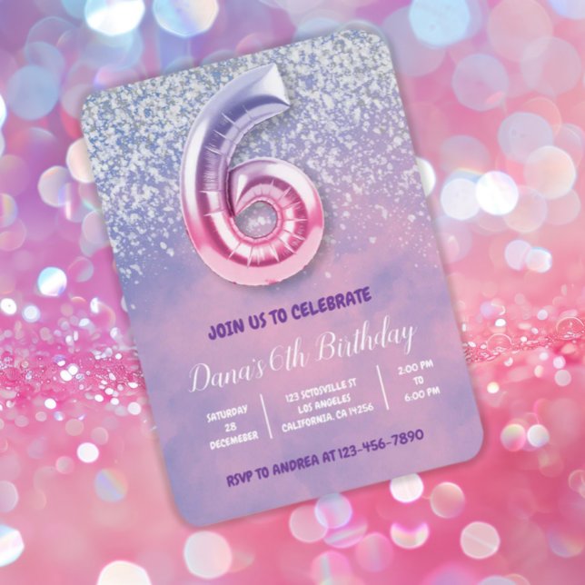 Lila und rosa 6. Geburtstagsballon Einladung (Von Creator hochgeladen)
