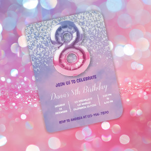 Lila und rosa 8. Geburtstagsballon Einladung