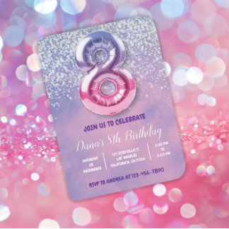 Lila und rosa 8. Geburtstagsballon Einladung