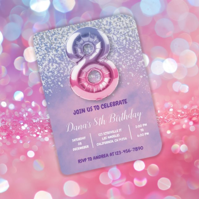 Lila und rosa 8. Geburtstagsballon Einladung (Von Creator hochgeladen)