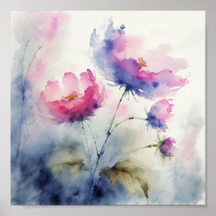 Lila und rosa Aquarell-Blumenkunst Poster