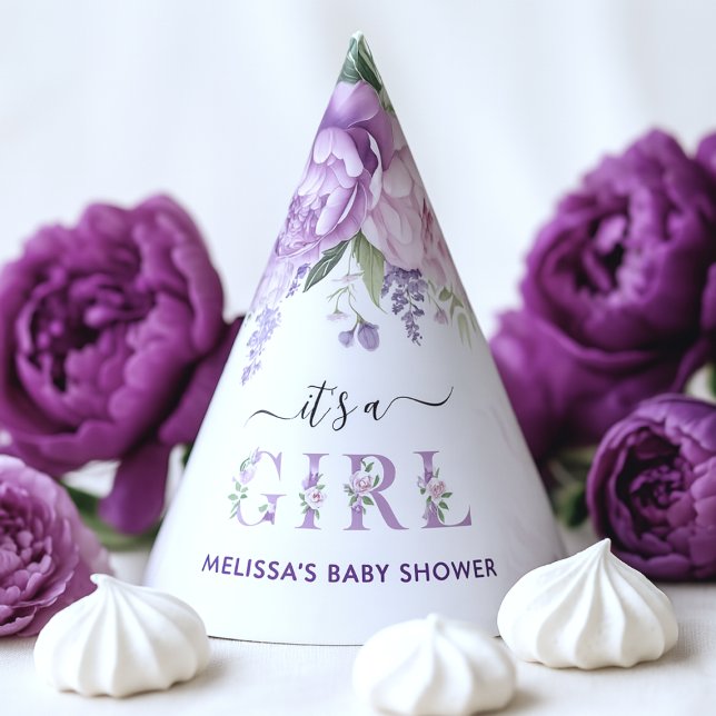 Lila und rosa Blume Es ist eine Kinderdusche Partyhütchen (Purple And Pink Flowers It's A Girl Baby Shower Party Hat)